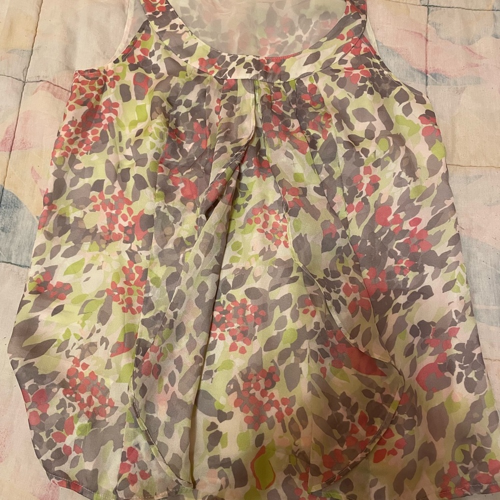 LOFT Sheer Floral Tank in Pink, Green & Gray